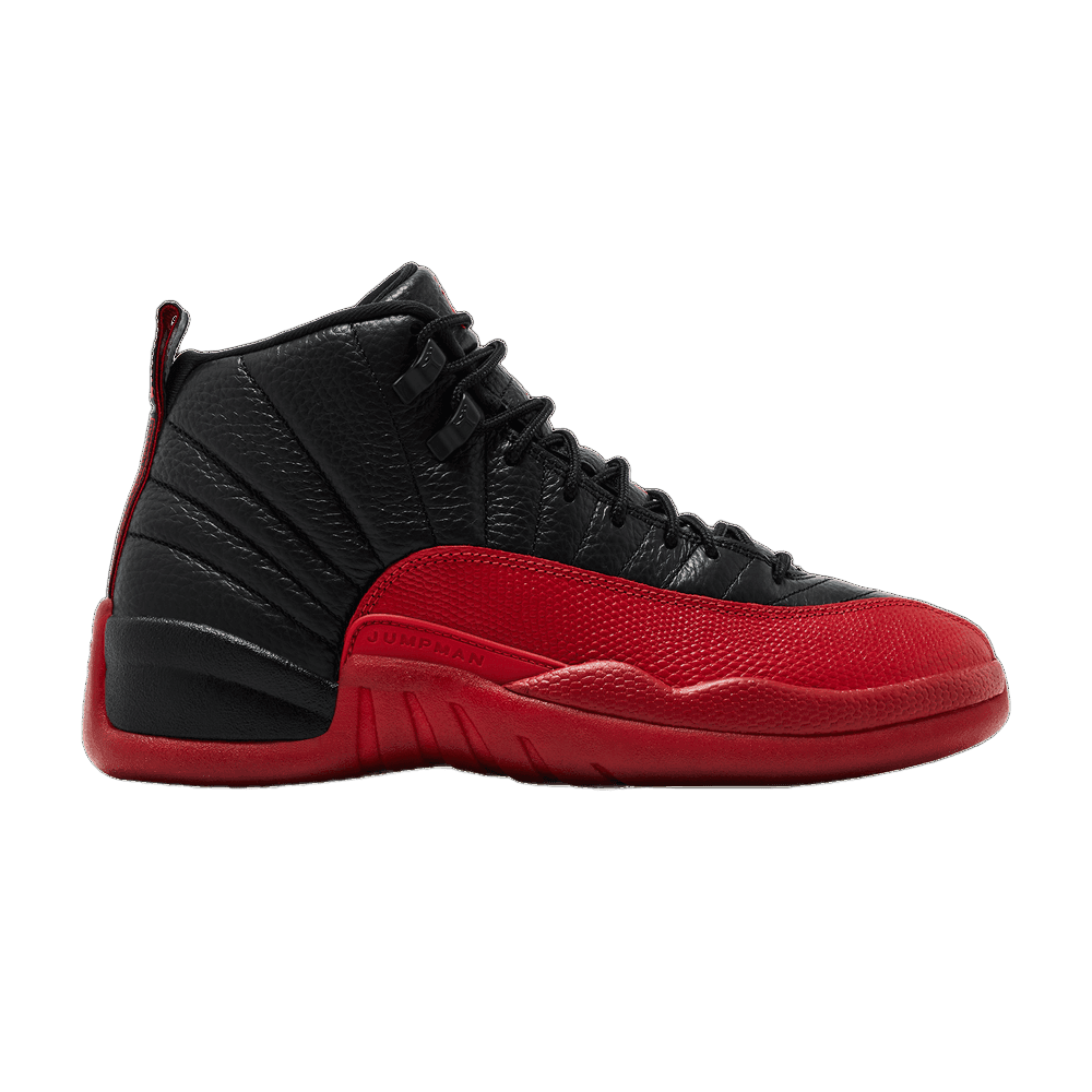 Air Jordan 12 Retro 'Flu Game' GS. Black tumbled leather upper, red textured mudguard, midsole, and outsole.