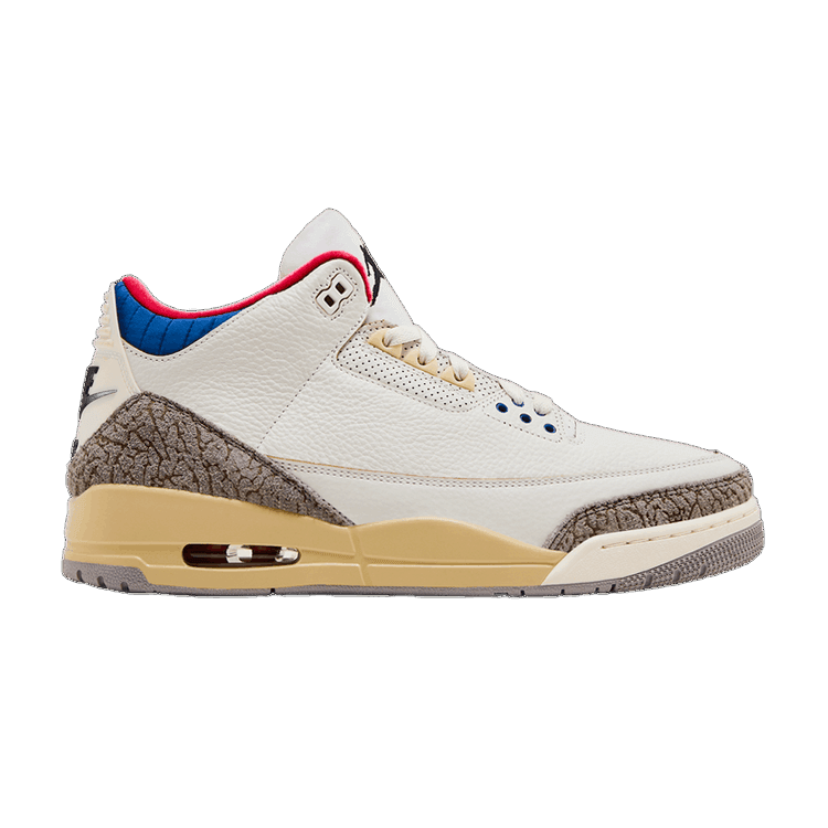 Cream Air Jordan 3 Retro sneaker. Grey elephant print toe/heel, tan midsole with air unit, red collar, blue heel.