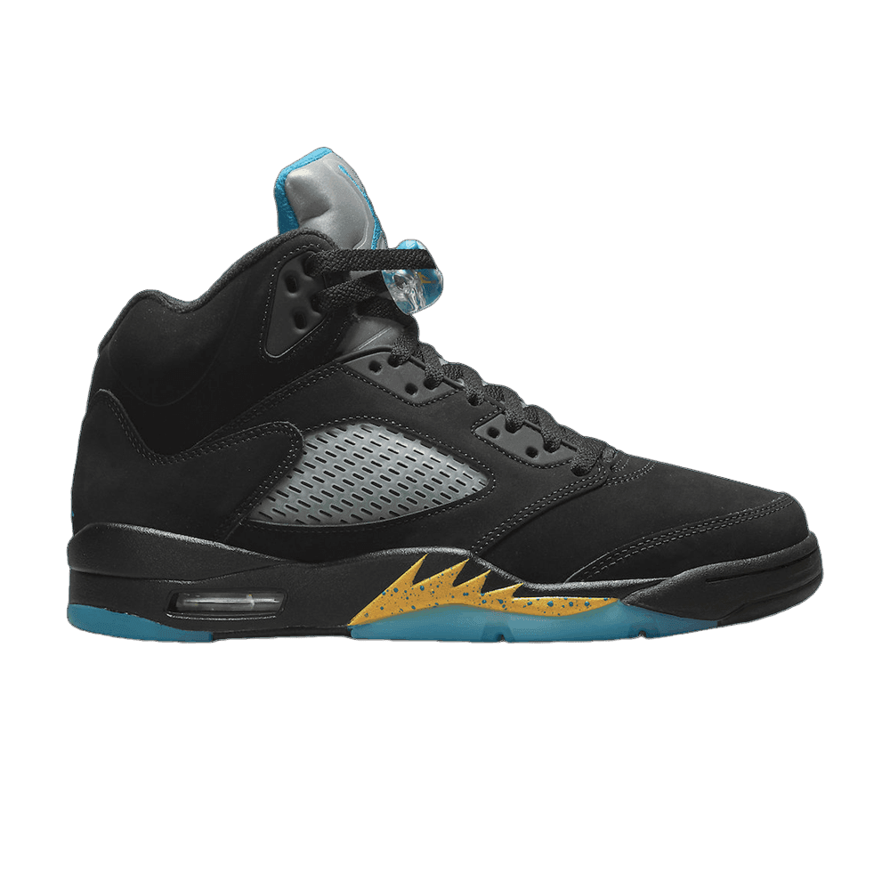 Air Jordan 5 Retro Aqua sneaker: black nubuck upper, grey mesh, aqua blue tongue/sole, gold shark teeth midsole.
