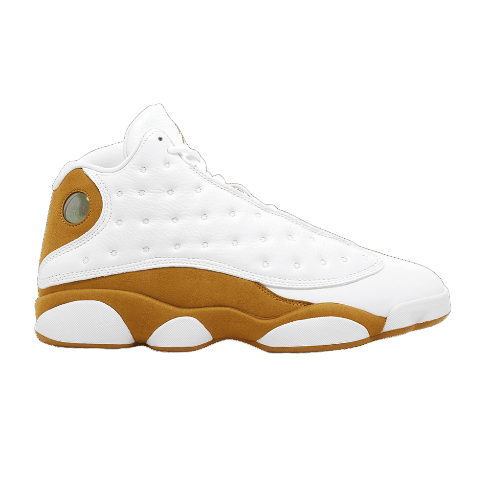 Air Jordan 13 Retro "Wheat" sneaker. White dimpled leather upper, wheat suede mudguard, white midsole, cat-eye hologram.
