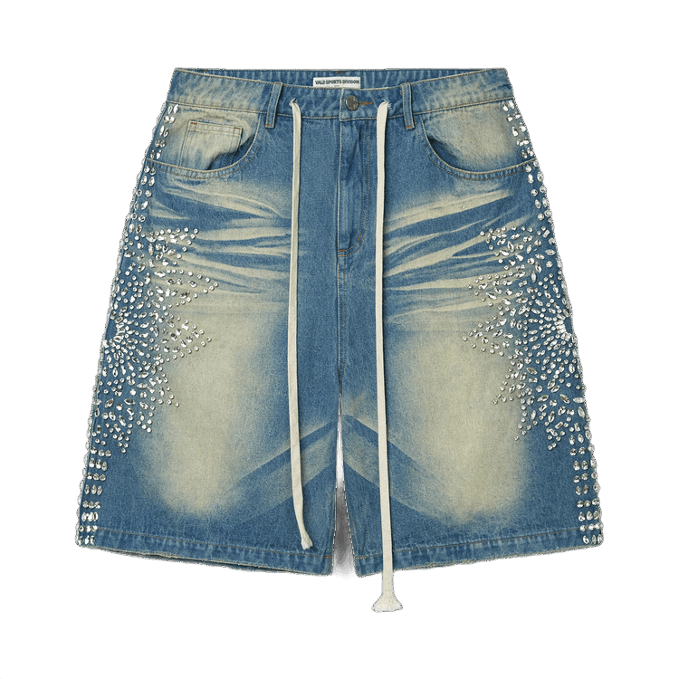 Distressed blue denim jorts with white drawstring waist & elaborate silver rhinestone studding on both sides. Vale Sports Division tag.