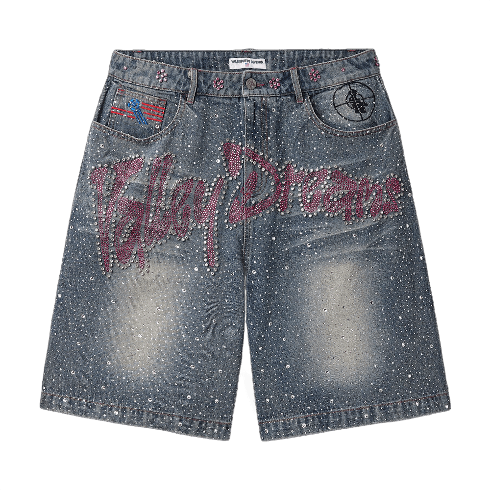 Blue washed Vale Sports Division jorts, covered in clear rhinestones. Pink rhinestone "Vale Forever" text, fist, target, & floral details.