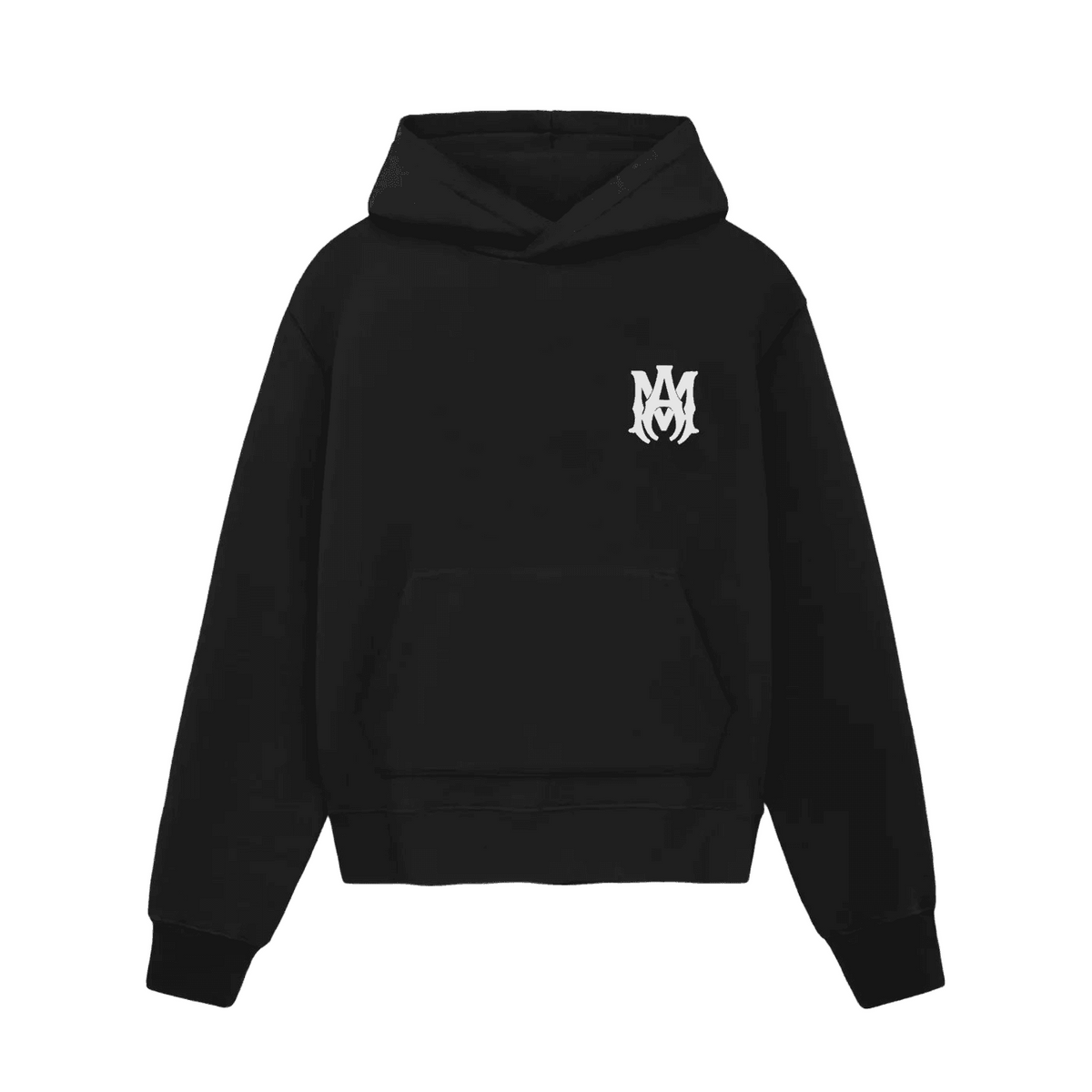 AMIRI black hoodie with white 'MA' core logo on the chest, hood, and front kangaroo pocket.