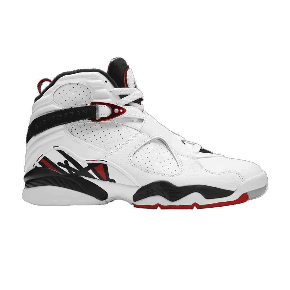 White Air Jordan 8 Retro high-top sneaker with black "AIR JORDAN" cross straps, red accents, black wavy midsole, and abstract side graphic.