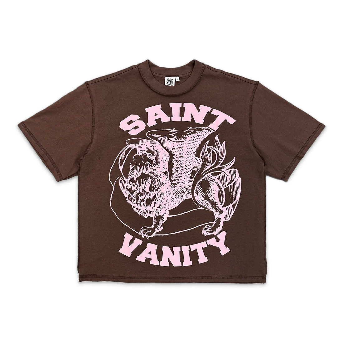 Saint Vanity Griffin Tee: Brown short-sleeve T-shirt with a large pink graphic of a griffin and "SAINT VANITY" text.