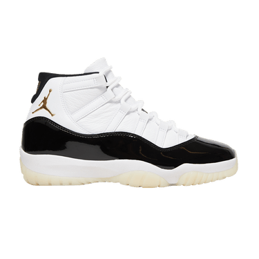 Air Jordan 11 Retro DMP Gratitude high-top sneaker with white upper, black patent leather mudguard, gold Jumpman.