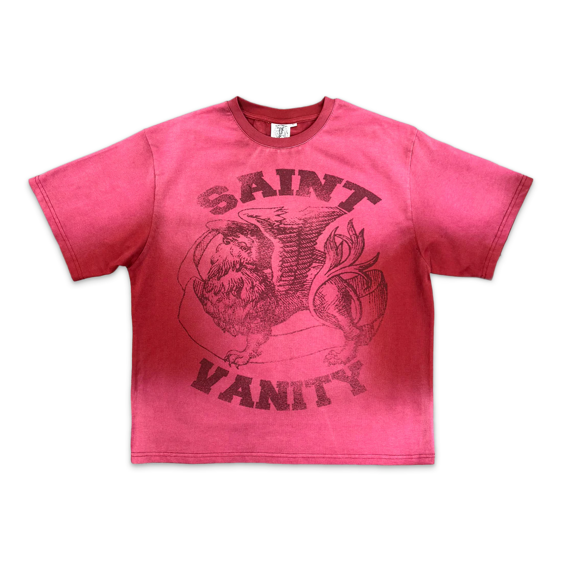 Washed red Saint Vanity tee with a large, faded dark "Dissolve Griffin" graphic and "SAINT VANITY" text.