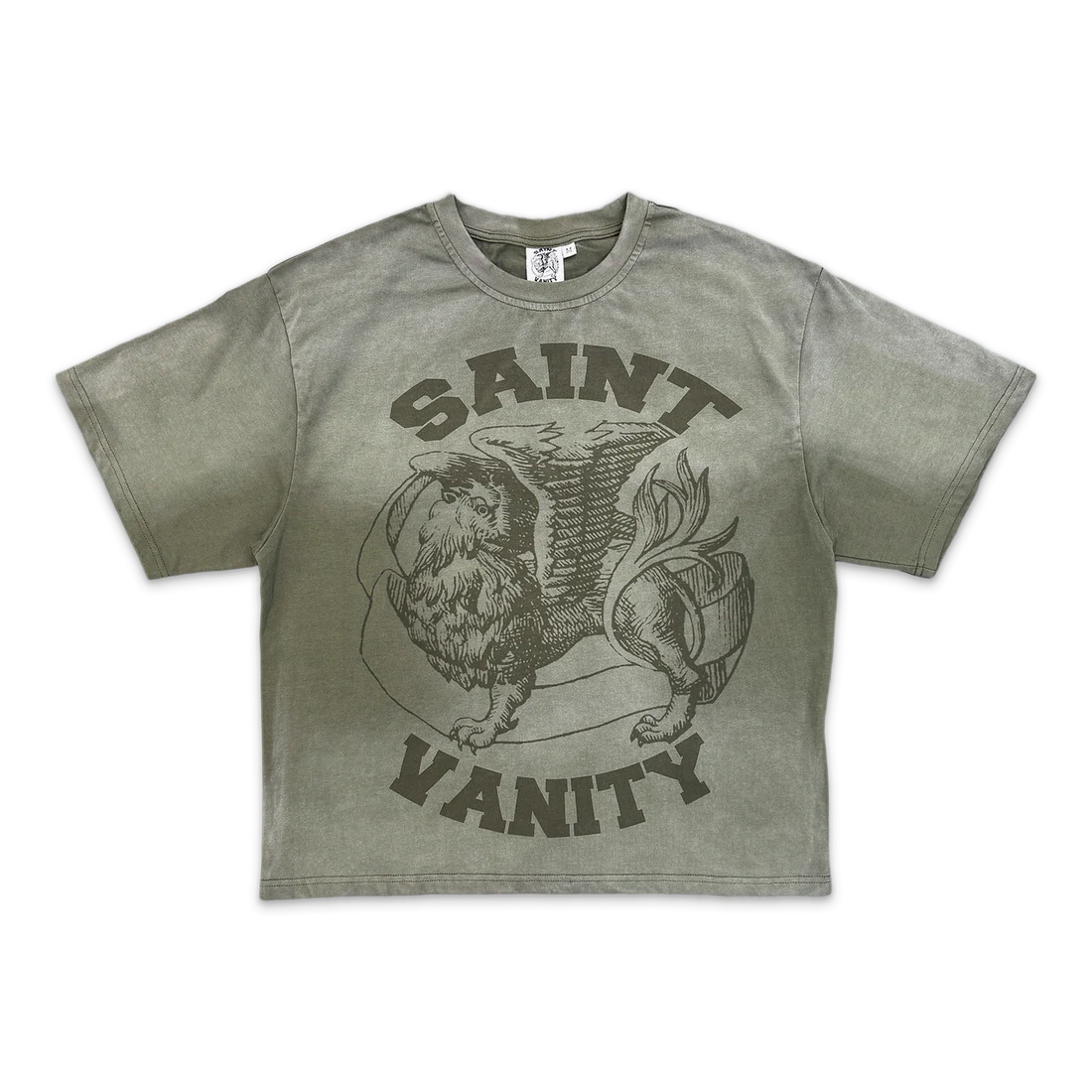 Saint Vanity Dissolve Griffin Tee in distressed green, featuring a faded griffin graphic & "SAINT VANITY" text.