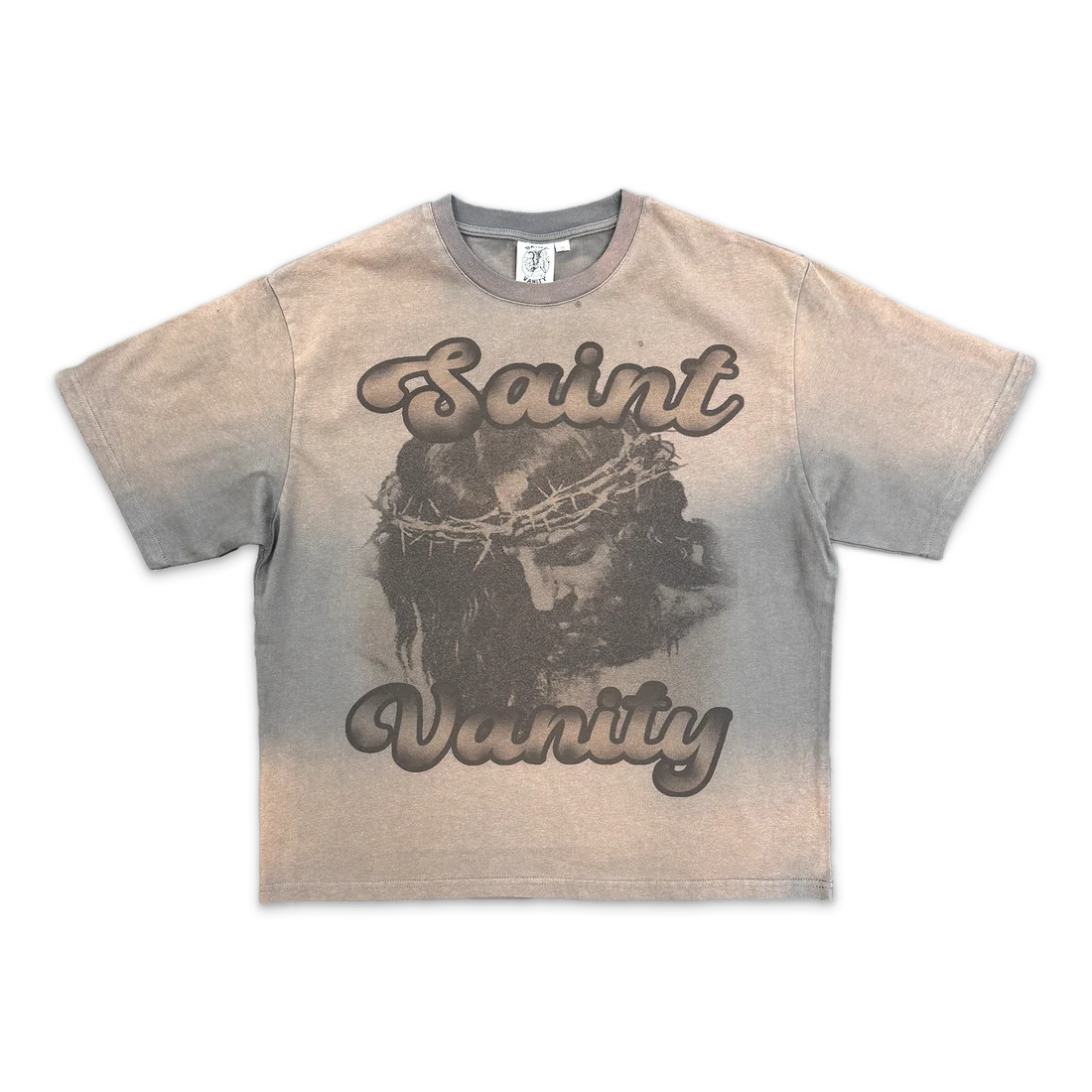 Saint Vanity grey Jesus Tee: Distressed tee with faded graphic of Jesus wearing a crown of thorns. "Saint" and "Vanity" in bubble letters.