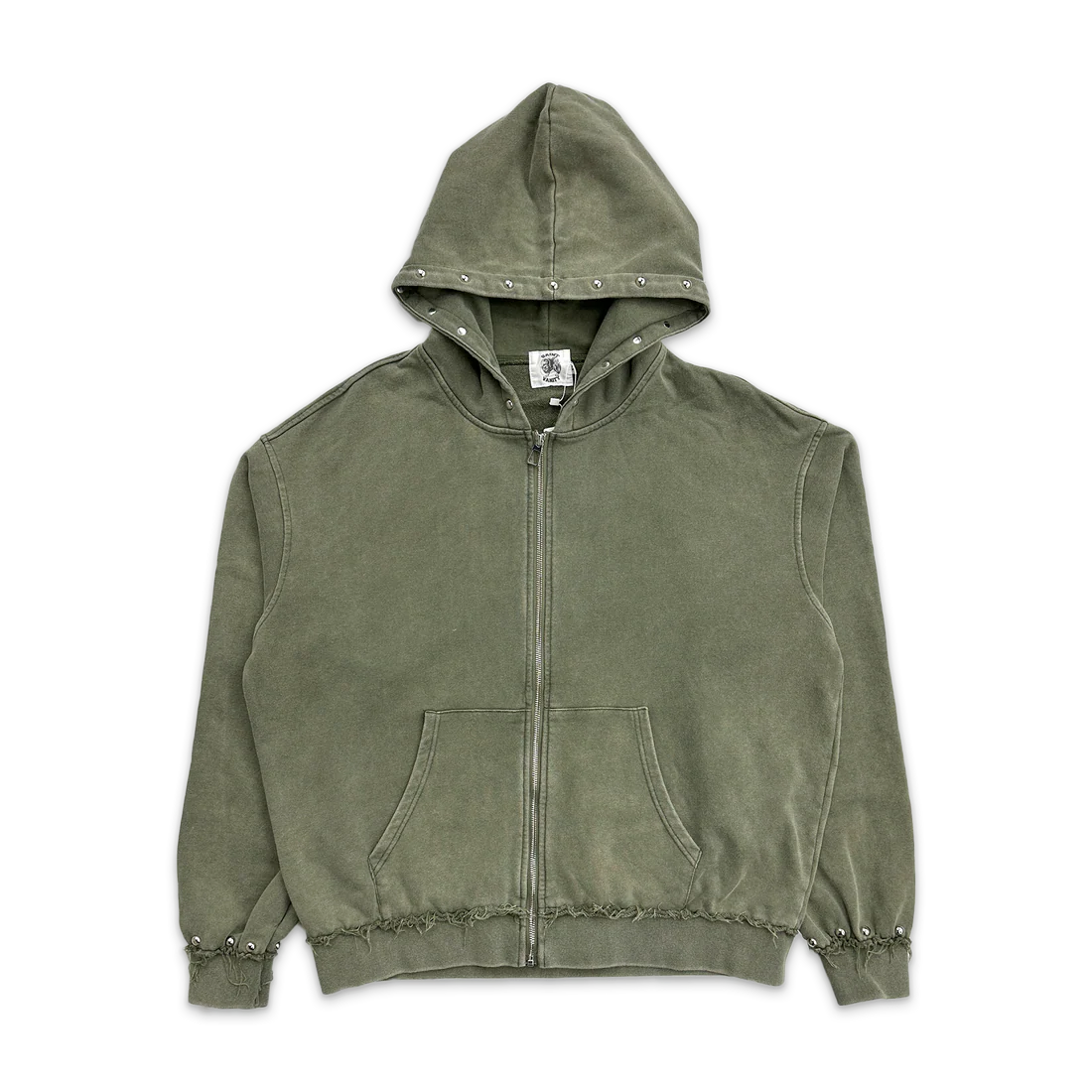 Saint Vanity olive French Terry full-zip hoodie with silver studs on hood & cuffs, distressed hem, and front pocket.