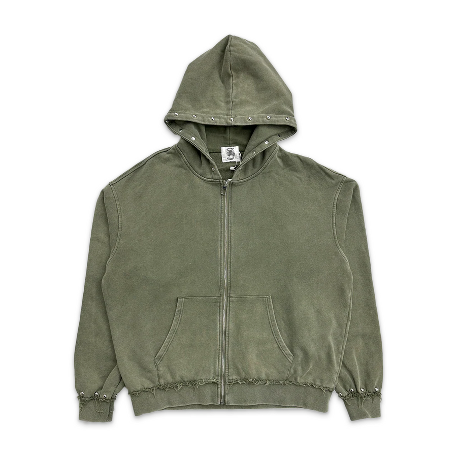 Saint Vanity olive French Terry full-zip hoodie with silver studs on hood & cuffs, distressed hem, and front pocket.