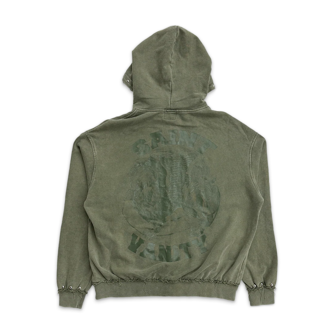 Olive Saint Vanity French Terry Studded Hooded Jacket. Distressed back graphic: 'Saint Vanity' & animal emblem.