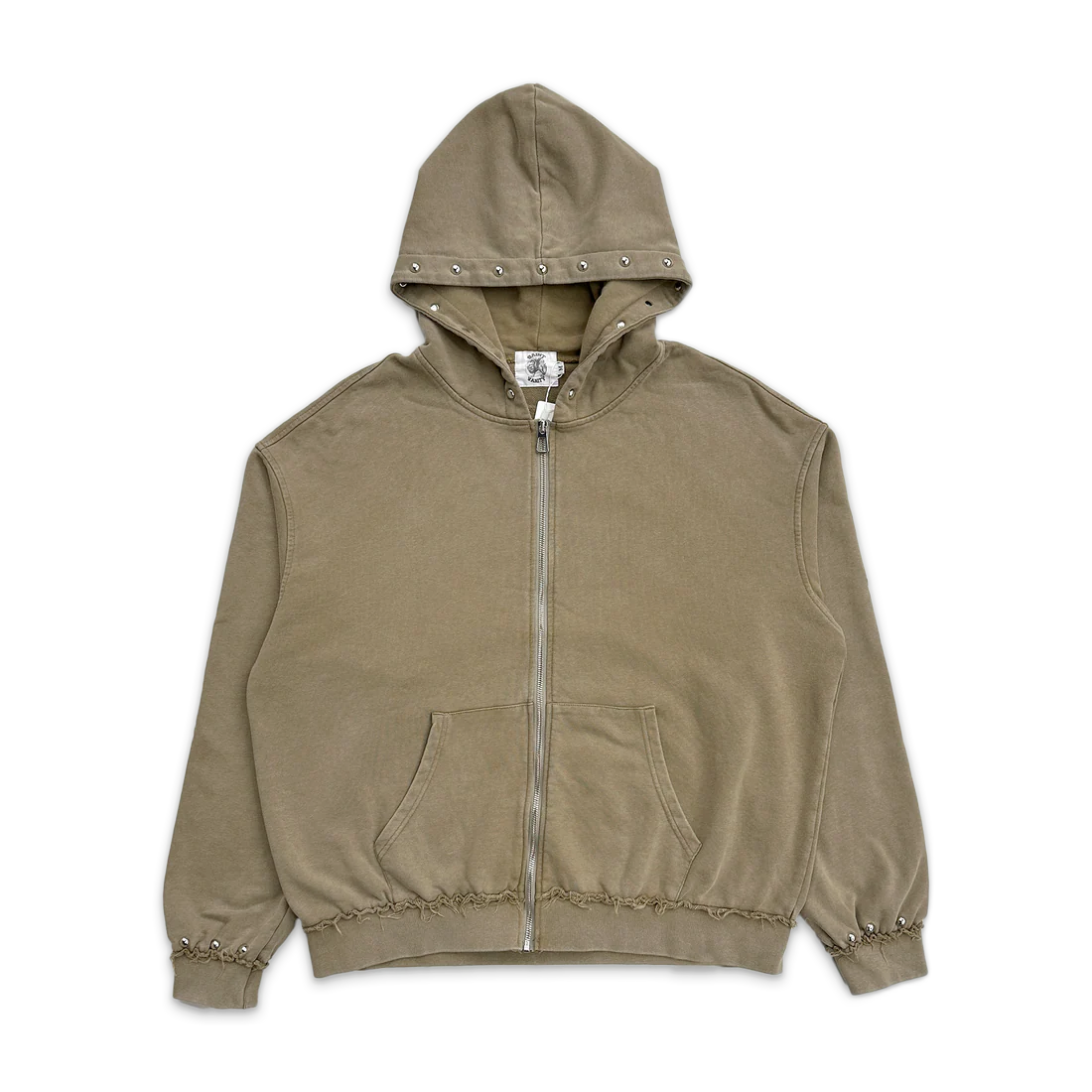Saint Vanity Wheat Beige French Terry studded full-zip jacket. Studs on hood & cuffs, kangaroo pockets, raw hems.