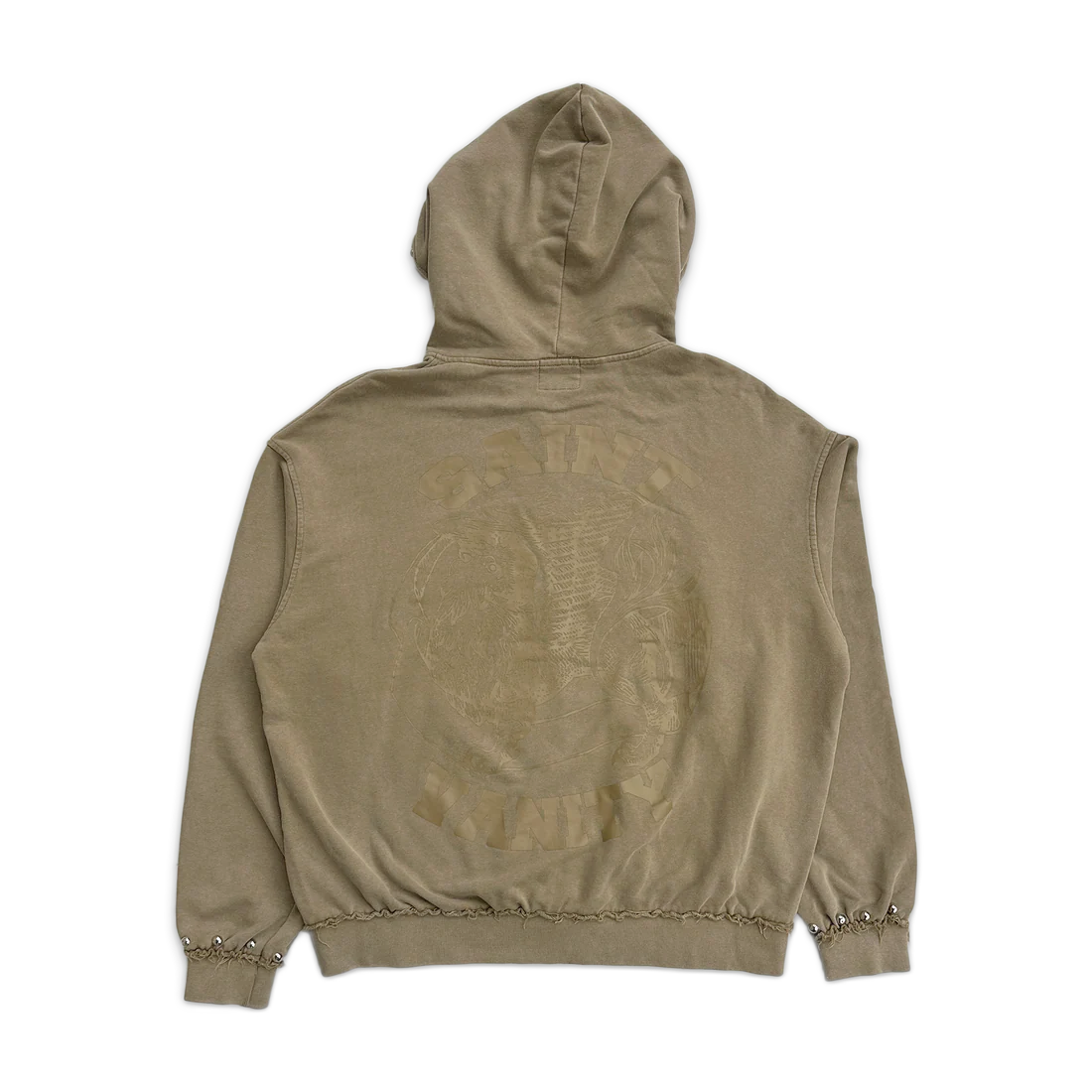 Saint Vanity Wheat Beige French Terry studded hoodie. Back features tonal eagle graphic with "Saint Vanity" text. Distressed cuffs have silver studs.
