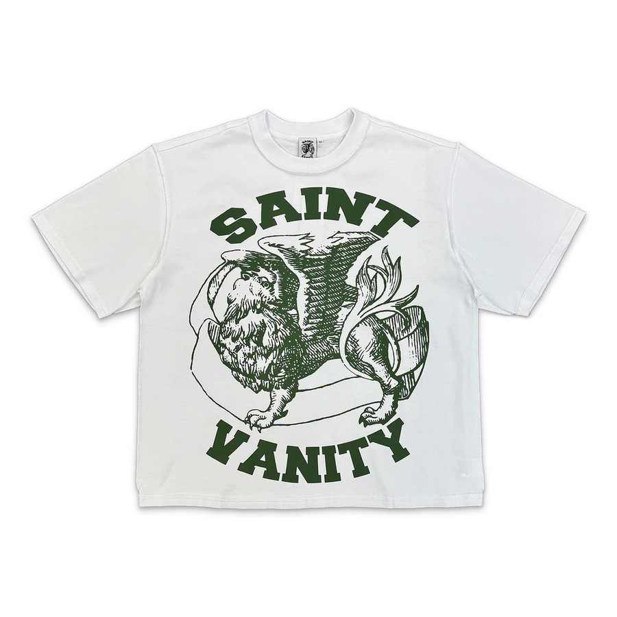 White Saint Vanity tee with a stylized dark green griffin graphic, "SAINT" arched above & "VANITY" below.