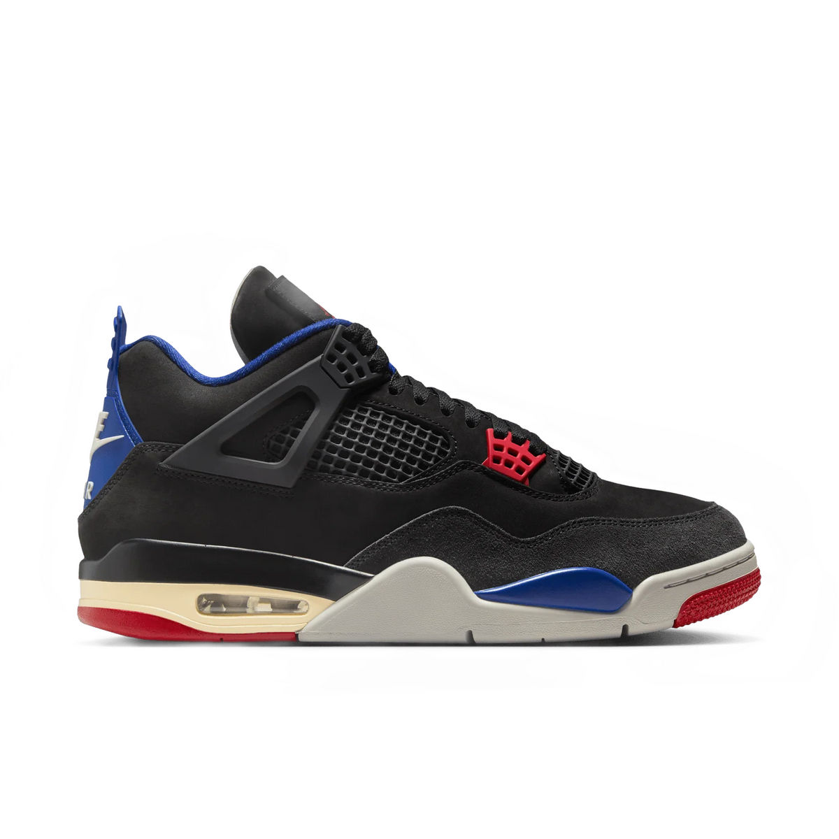 Air Jordan 4 Retro. Black suede upper with blue collar/heel, red Jumpman. Grey midsole with visible Air unit, red outsole.