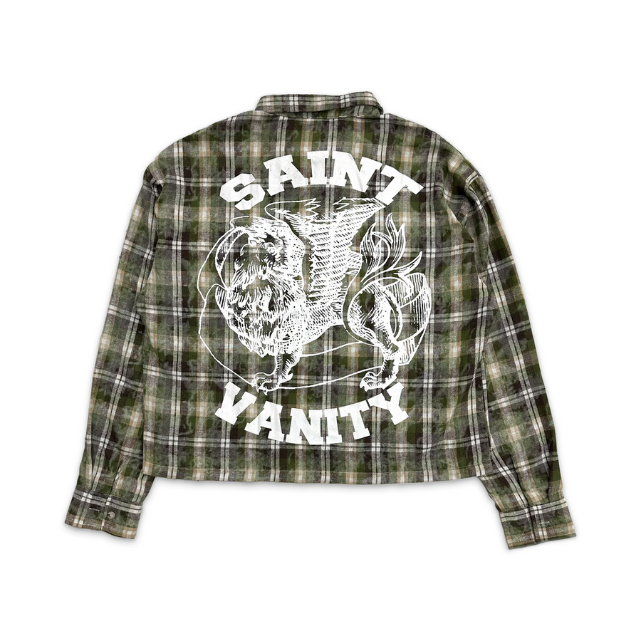 Saint Vanity olive brown plaid flannel shirt with a white griffin & "SAINT VANITY" text on the back.