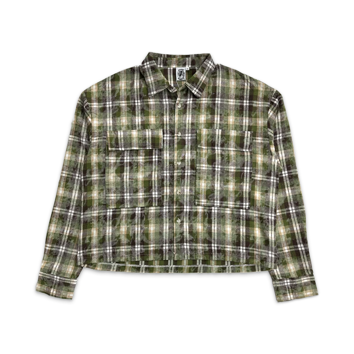 Saint Vanity Griffin Flannel shirt: olive brown plaid, long sleeves, collar, button-front, two chest pockets.