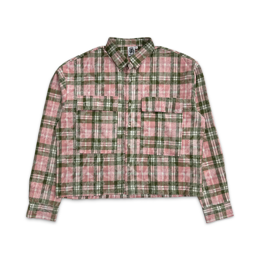 Saint Vanity Griffin Flannel shirt in olive green & pink plaid, featuring two button-flap chest pockets and a collared front.