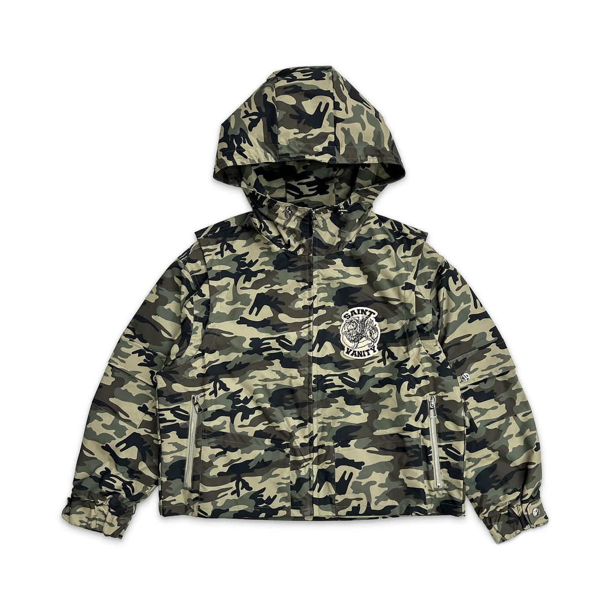 Saint Vanity cargo nylon camo hooded jacket with full zip, chest logo, and zippered pockets.