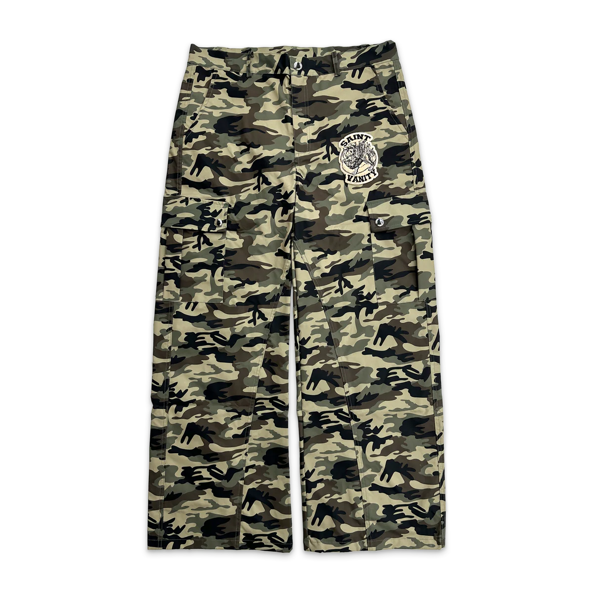 Saint Vanity green-brown camouflage nylon cargo pants with multiple utility pockets and a logo patch on the right thigh.