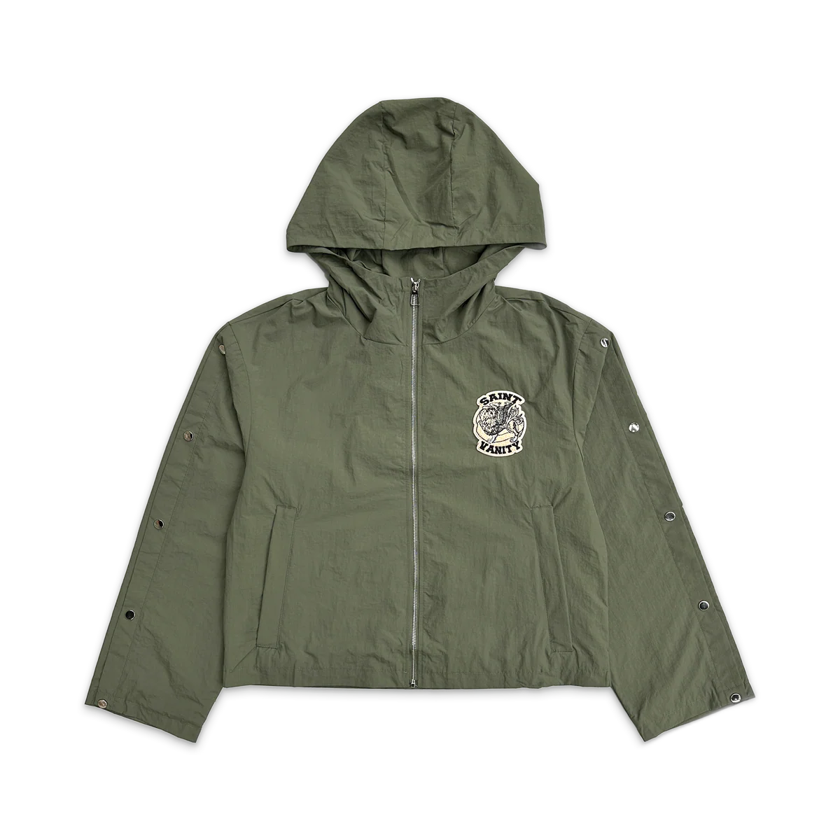 Olive green Saint Vanity hooded nylon cargo-style full-zip jacket with brand patch & silver sleeve snaps.