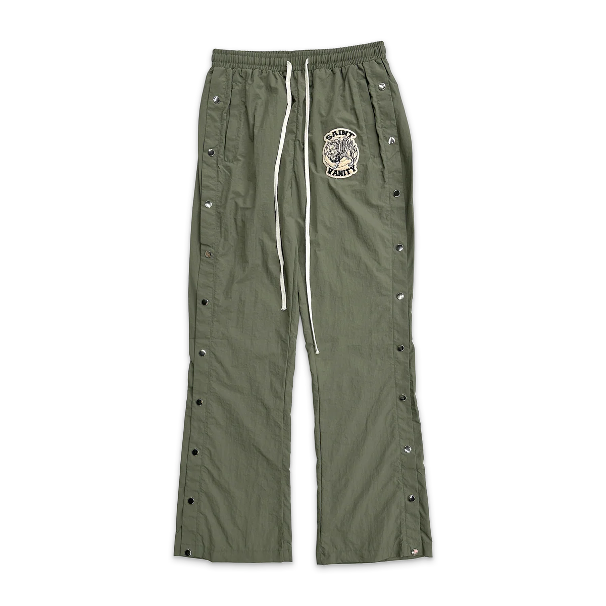 Saint Vanity olive green cargo nylon pants, elastic waist, white drawstring, ram head logo patch, snap buttons down both sides.