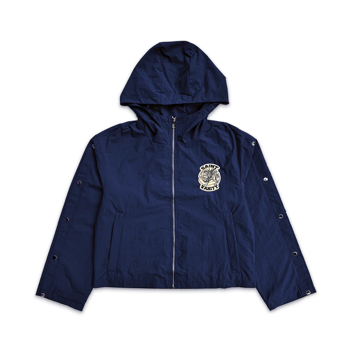 Navy Saint Vanity hooded nylon jacket with full zipper, circular logo on chest, and silver snaps down both sleeves.