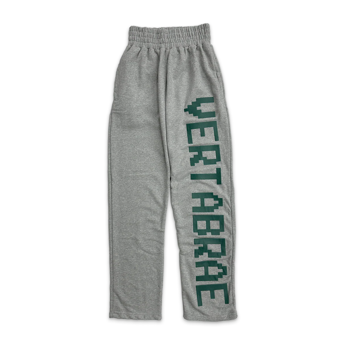 Grey sweatpants with large, vertical green pixelated 'VERTABRAE' logo on the left leg. Elastic waist.