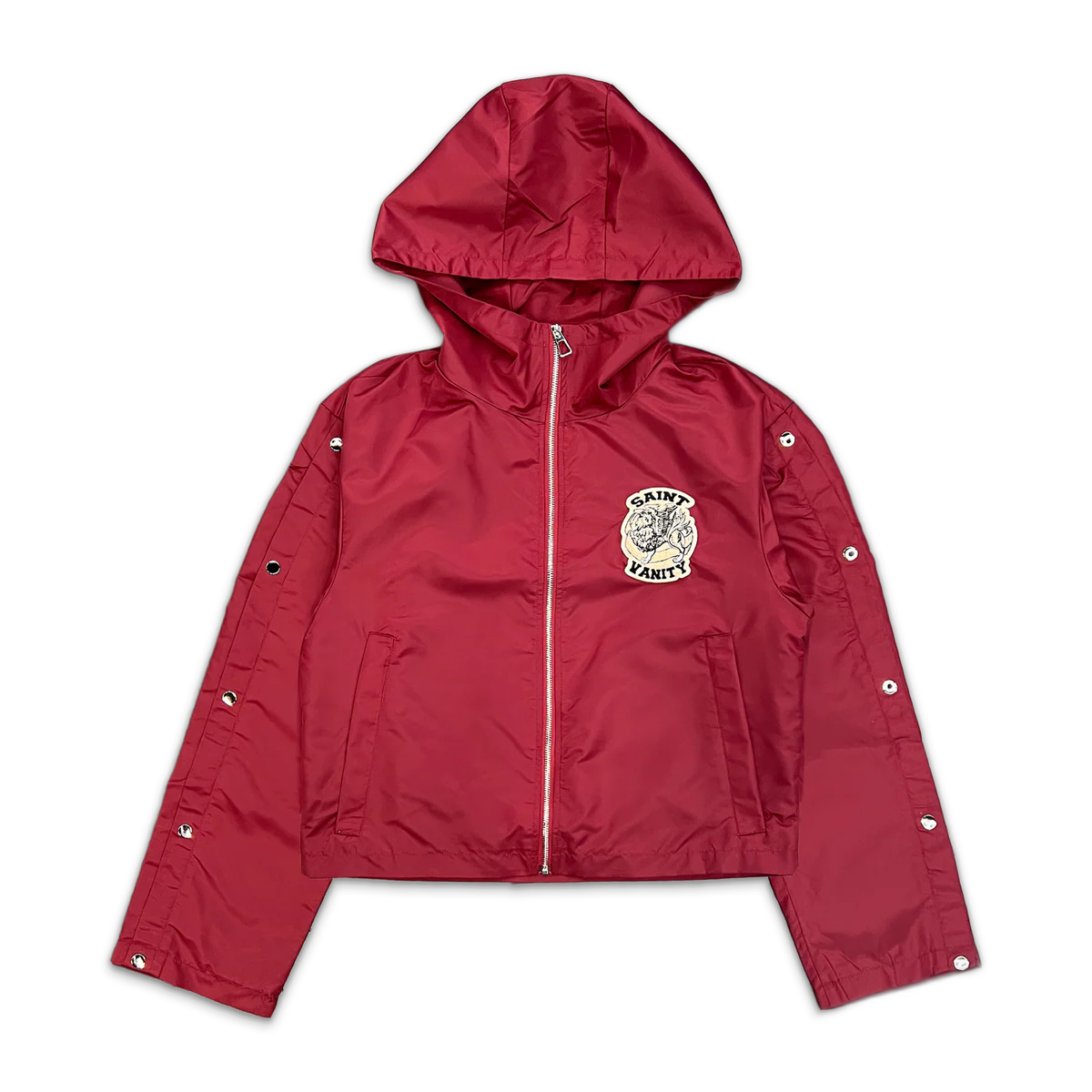 Maroon nylon Saint Vanity track jacket. Hooded, full-zip with chest logo patch & metallic snap buttons on sleeves.