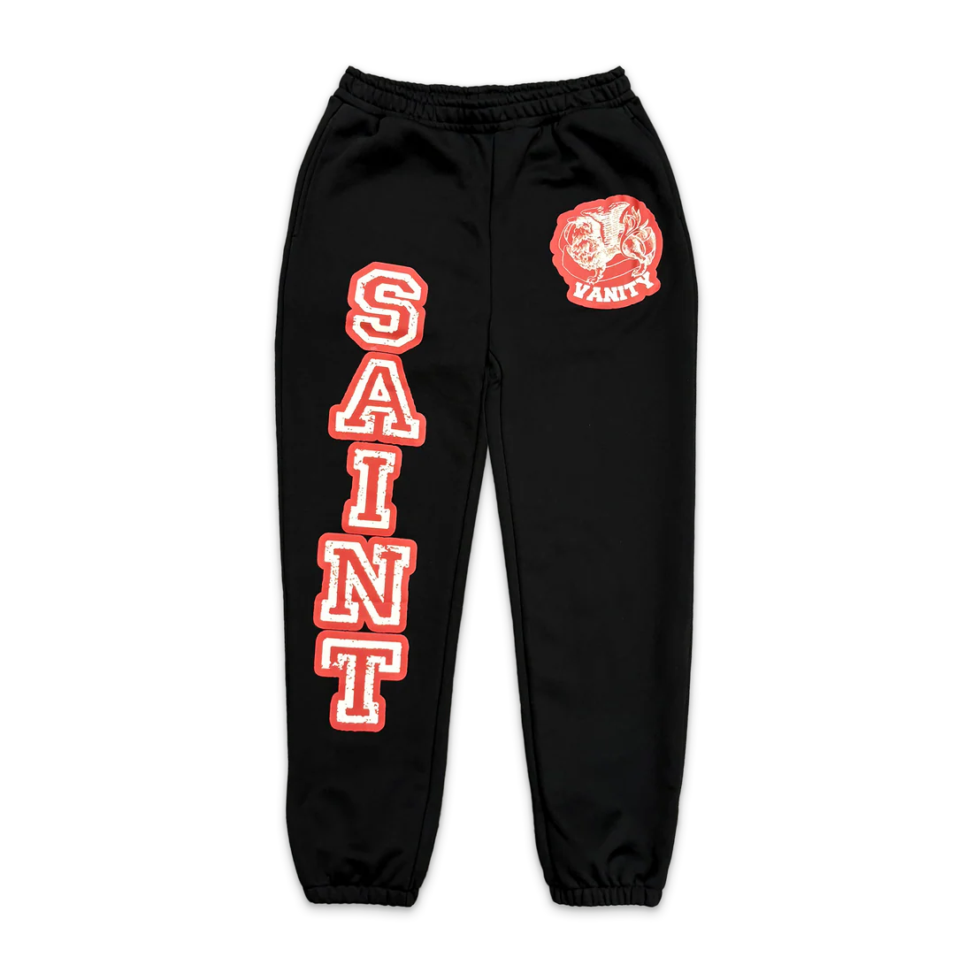 Black Saint Vanity varsity sweatpants with red 'SAINT' letters vertically on the left leg and a red 'VANITY' patch on the right hip.