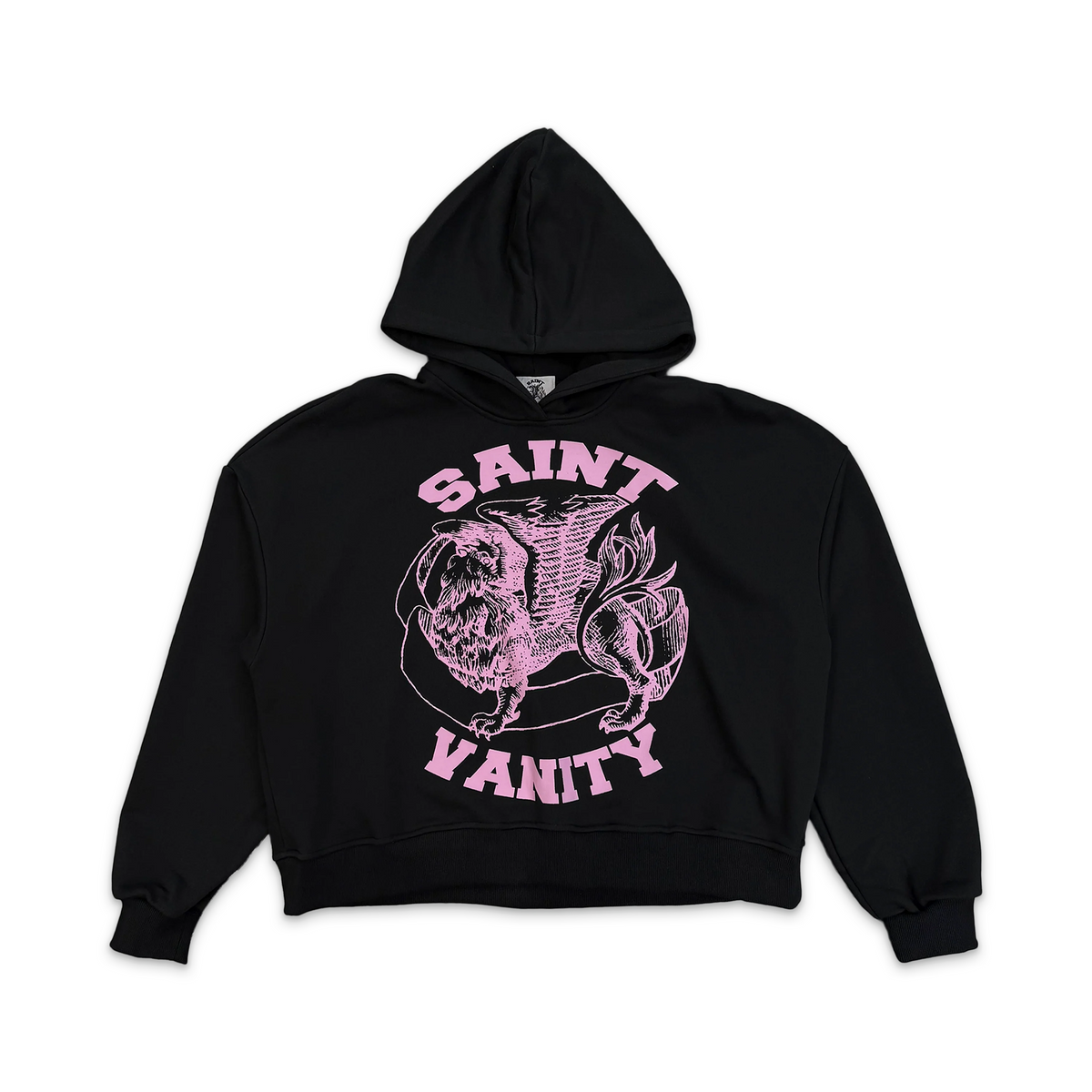 Black Saint Vanity Griffin Hoodie featuring a large pink line-art griffin graphic with "SAINT" above and "VANITY" below.