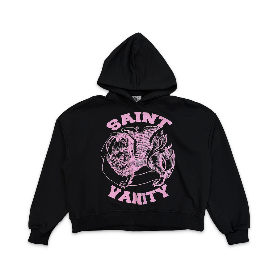 Black Saint Vanity Griffin Hoodie featuring a large pink line-art griffin graphic with "SAINT" above and "VANITY" below.
