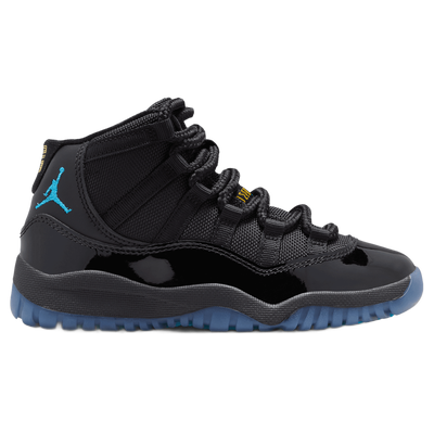 Air Jordan 11 Retro PS Gamma high-top sneaker. Black patent leather, mesh upper, Gamma Blue Jumpman & translucent sole.