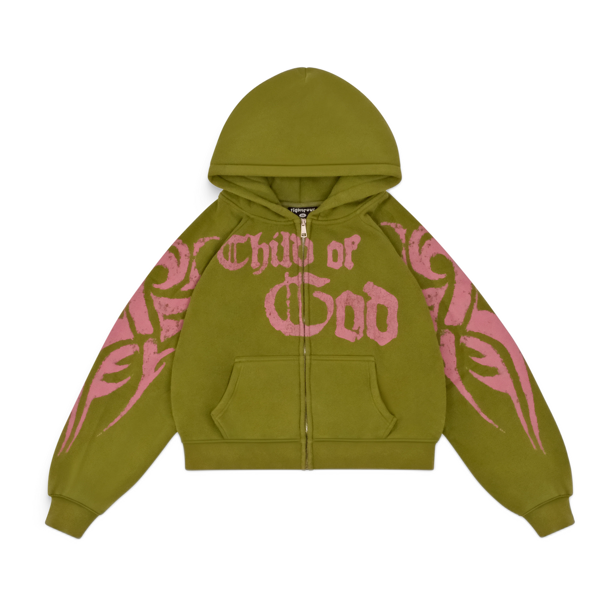 We Are Righteous olive green cropped zip-up hoodie with pink "Child of God" graphic & tribal arm patterns. Features hood, zipper, pocket.