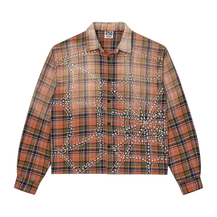 Vale Forever Pumpkin Patch Flannel: Orange, brown, olive plaid shirt with intricate rhinestone pattern on the chest. VALE USA.