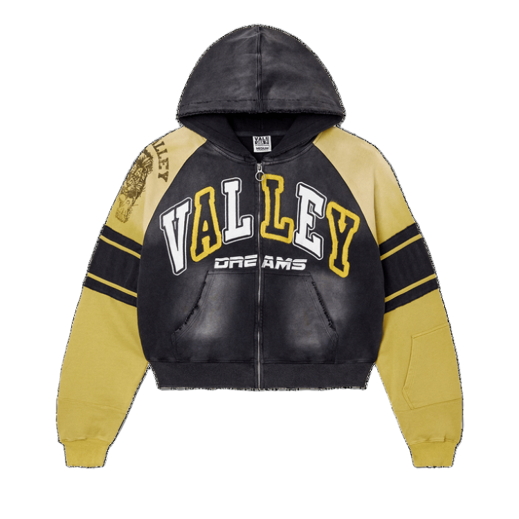 Vale Forever washed black/mustard yellow zip-up hoodie with "VALLEY DREAMS" text, striped raglan sleeves, distressed hem.