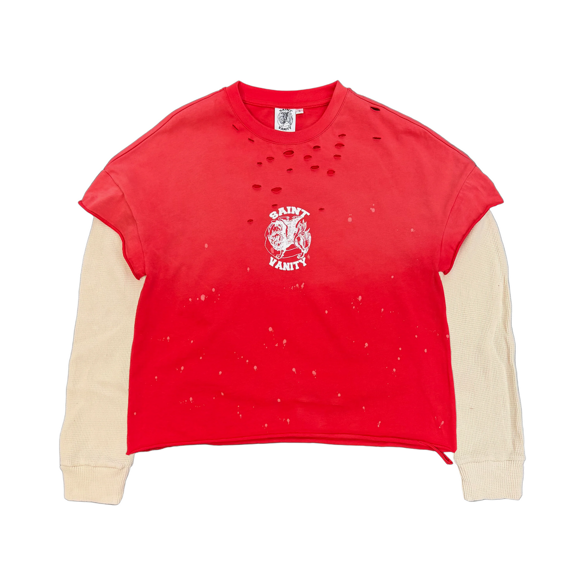 Red Saint Vanity cutoff L/S thermal with holes, white paint splatters, and a "SAINT VANITY" chest graphic over cream thermal sleeves.