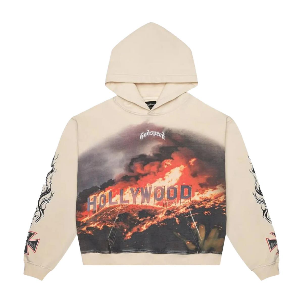 Cream Godspeed hoodie with "Hollywood" sign burning graphic on chest, black tribal flames & red Maltese crosses on sleeves.
