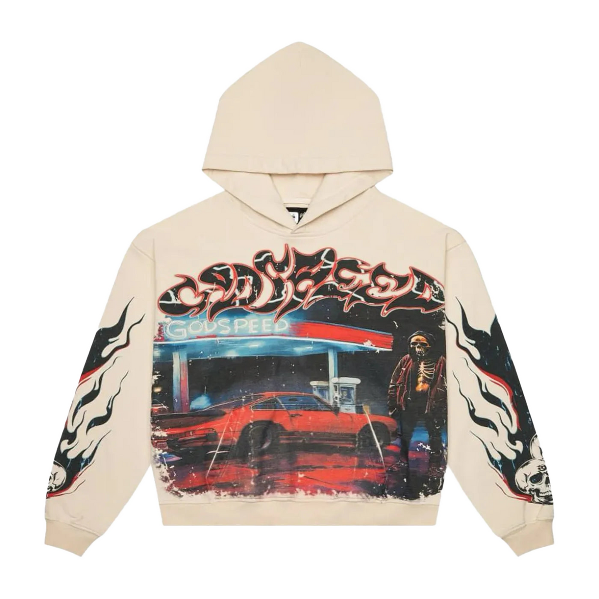 Godspeed Pitstop cream hoodie. Front: stylized 'GODSPEED' text, red car, skeleton at gas station. Flames & skulls on sleeves.