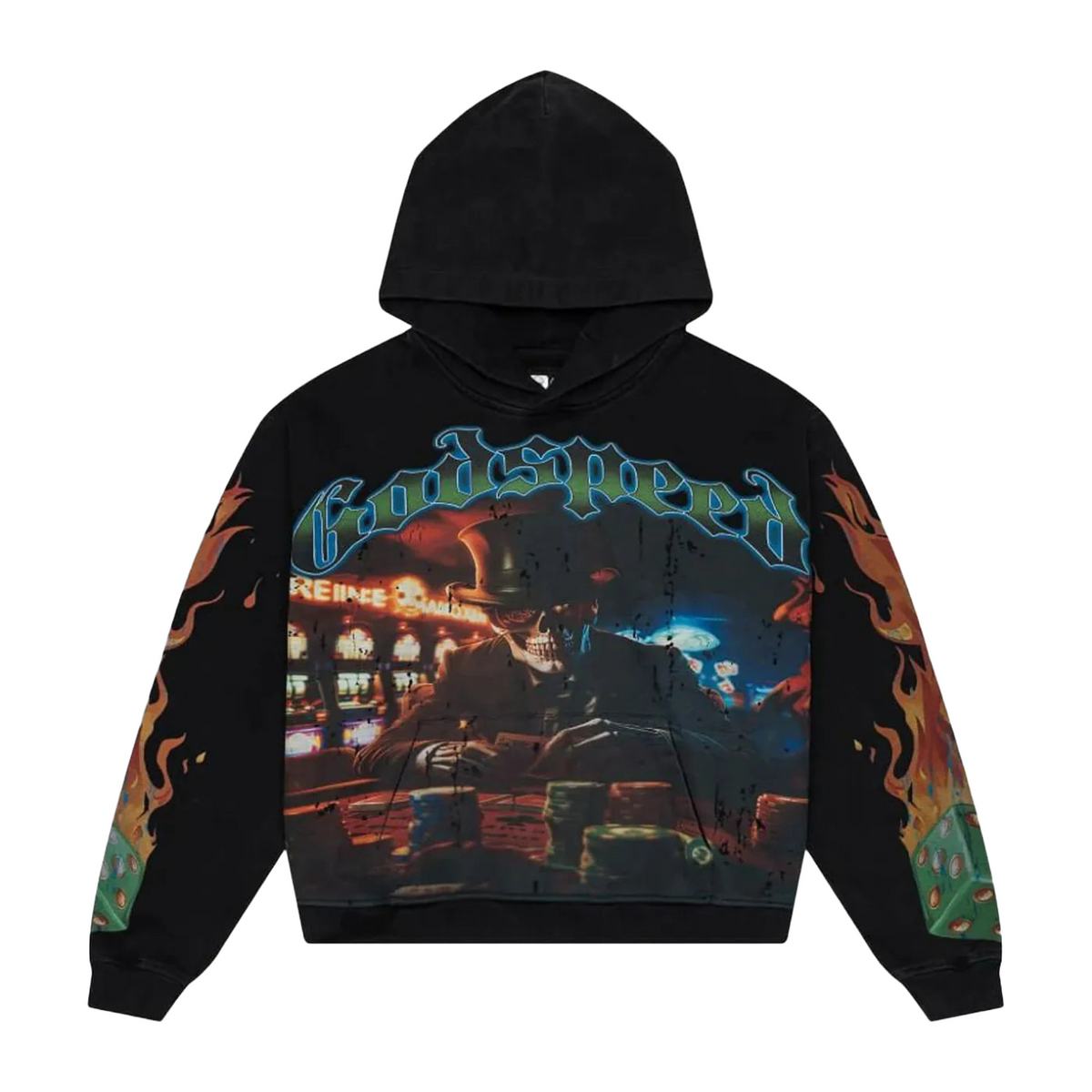 Black Godspeed "Life's a Gamble" hoodie. Neon "Godspeed" text over a skeleton in top hat playing cards. Flames & dice on sleeves.