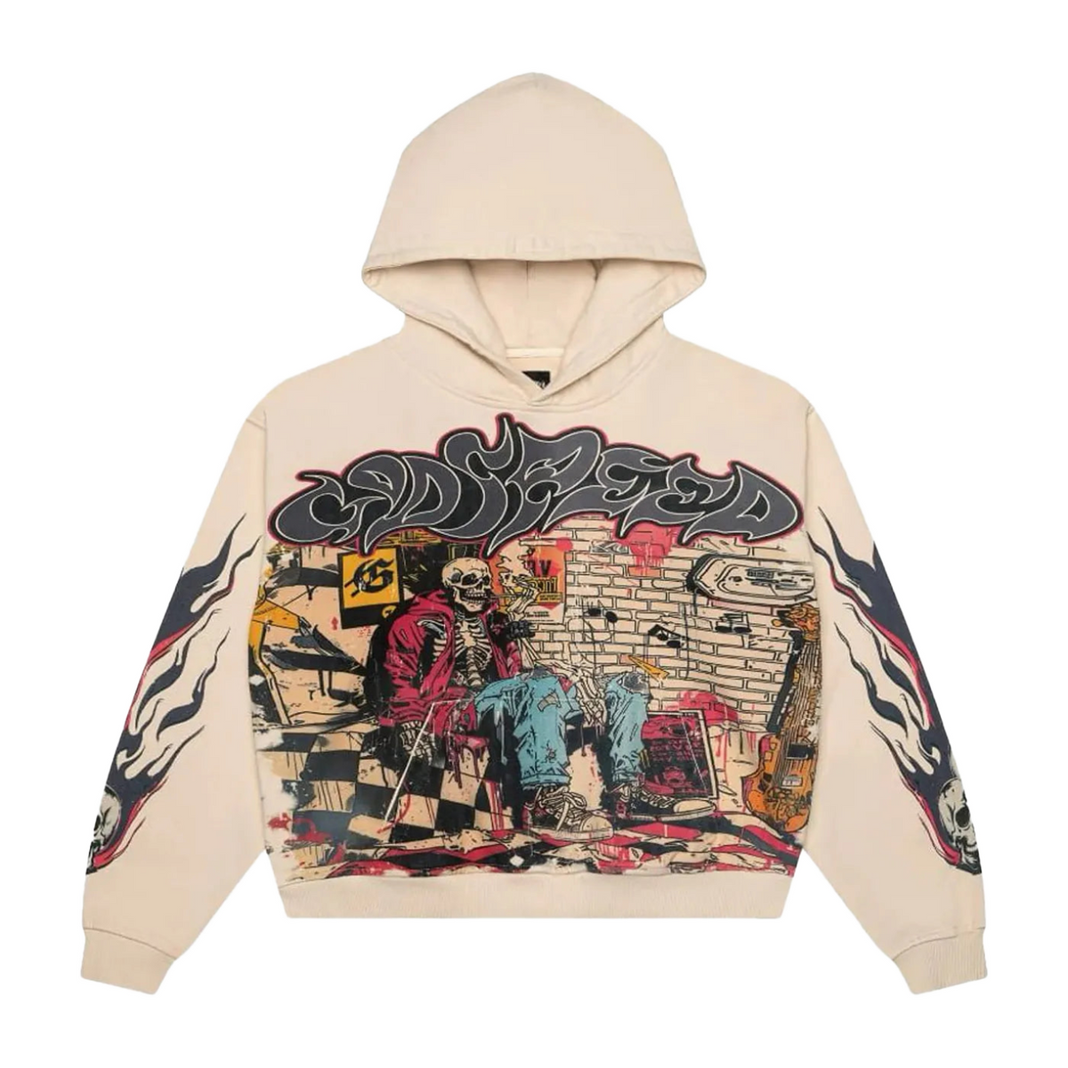 Godspeed beige hoodie, large graffiti logo, skeleton smoking in a music scene with a brick wall. Flames & skulls on sleeves.