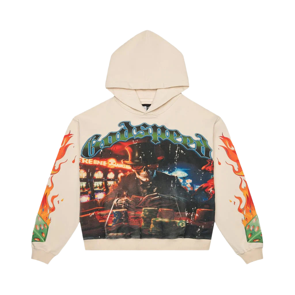 Cream Godspeed hoodie with green "Godspeed" text above a skeleton in a top hat gambling graphic. Flames & green dice on sleeves.