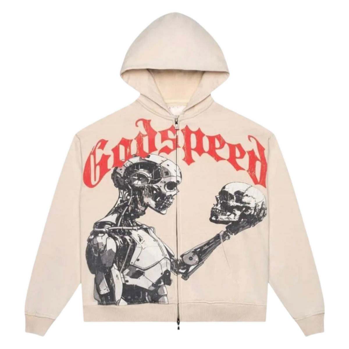 Bone Godspeed zip-up hoodie with red 'Godspeed' text. Below, a robot holds a human skull, depicting Mankind VS AI.