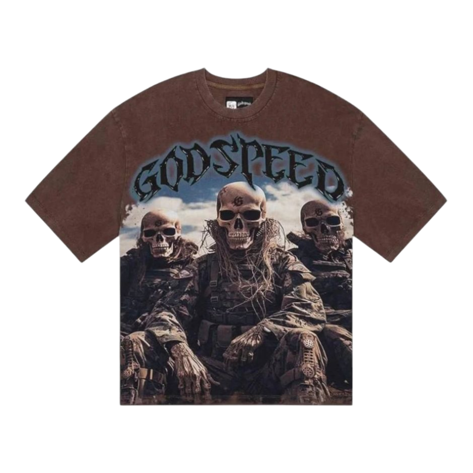 Godspeed Squadron Tee, distressed brown. "GODSPEED" text above 3 skull-faced soldiers in camo, cloudy sky background.