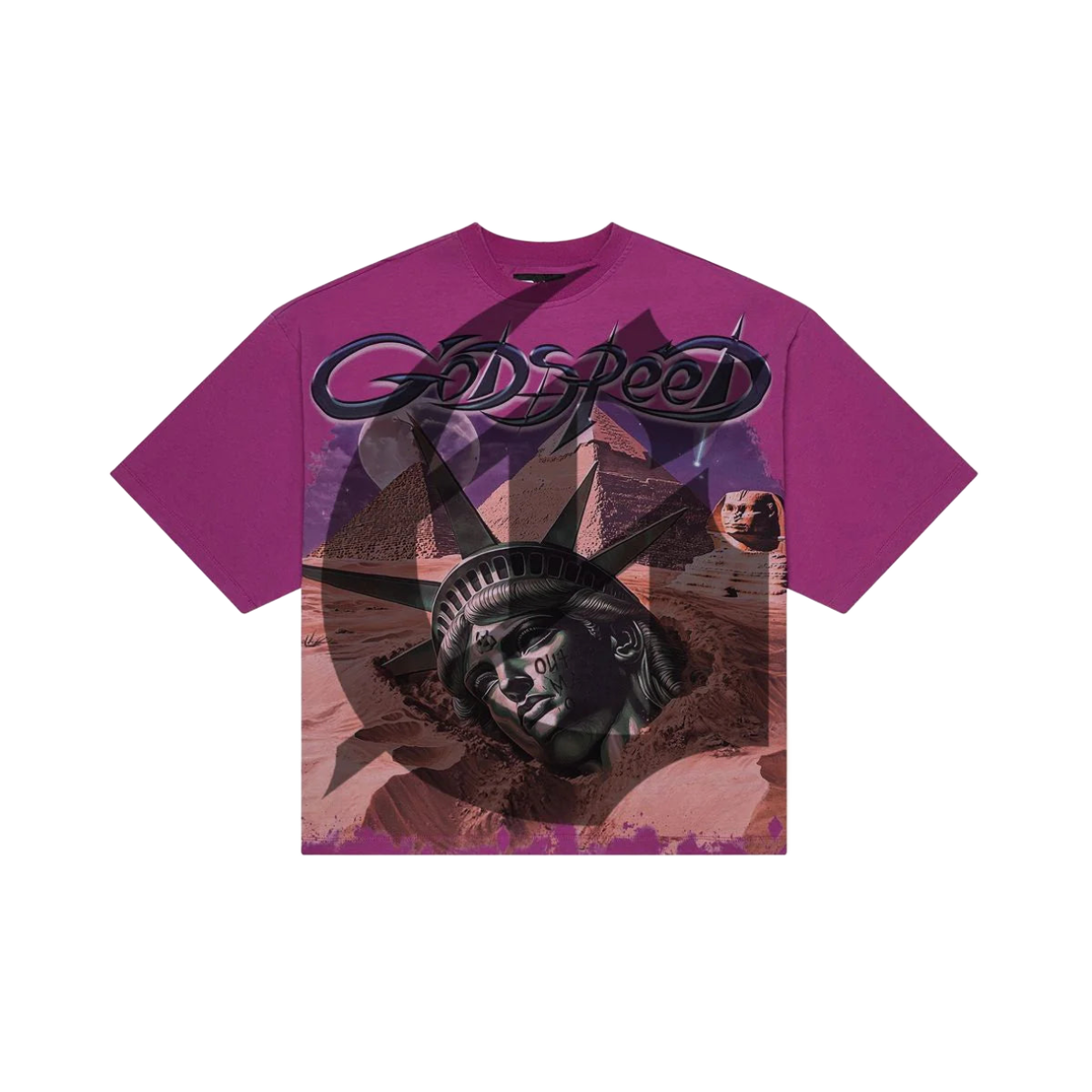 Purple Godspeed T-shirt with a graphic of the Statue of Liberty's head buried in a desert with pyramids & a Sphinx under "GODSPEED" text.