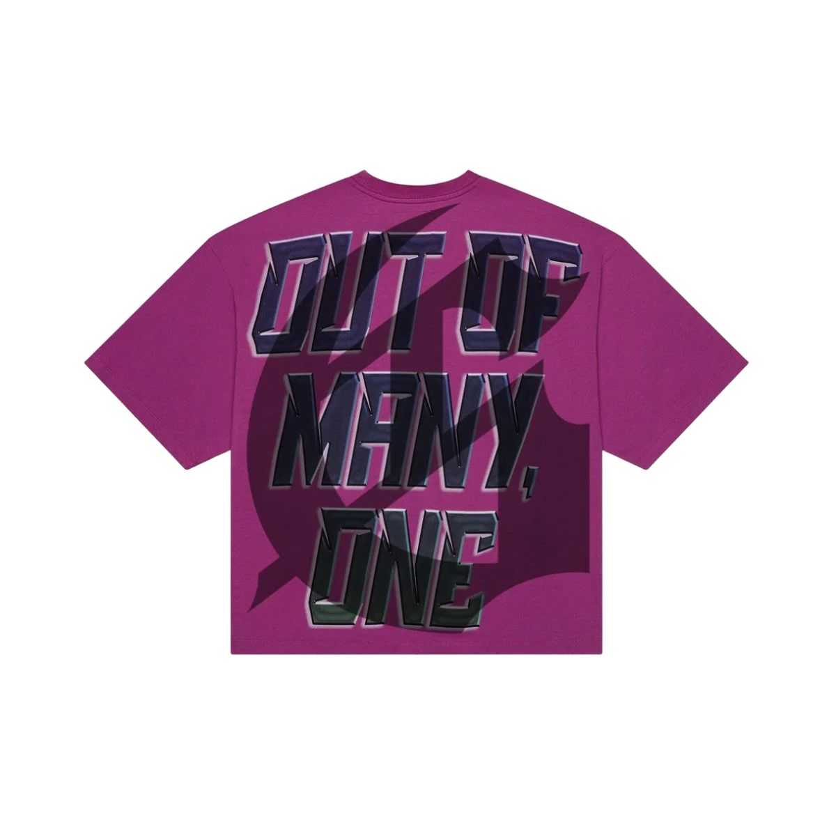 Purple Godspeed short-sleeve tee. Dark blue 3D 'OUT OF MANY, ONE' text with purple shadow, over subtle dark bat graphic.