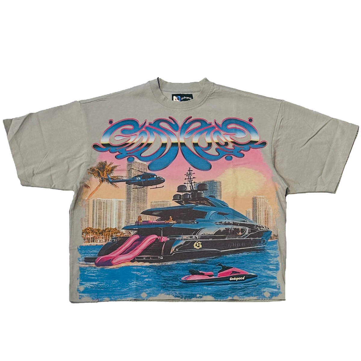 Stone wash Godspeed tee with large blue/pink "Godspeed" text over a black yacht, pink slides, helicopter, city, sunset graphic.