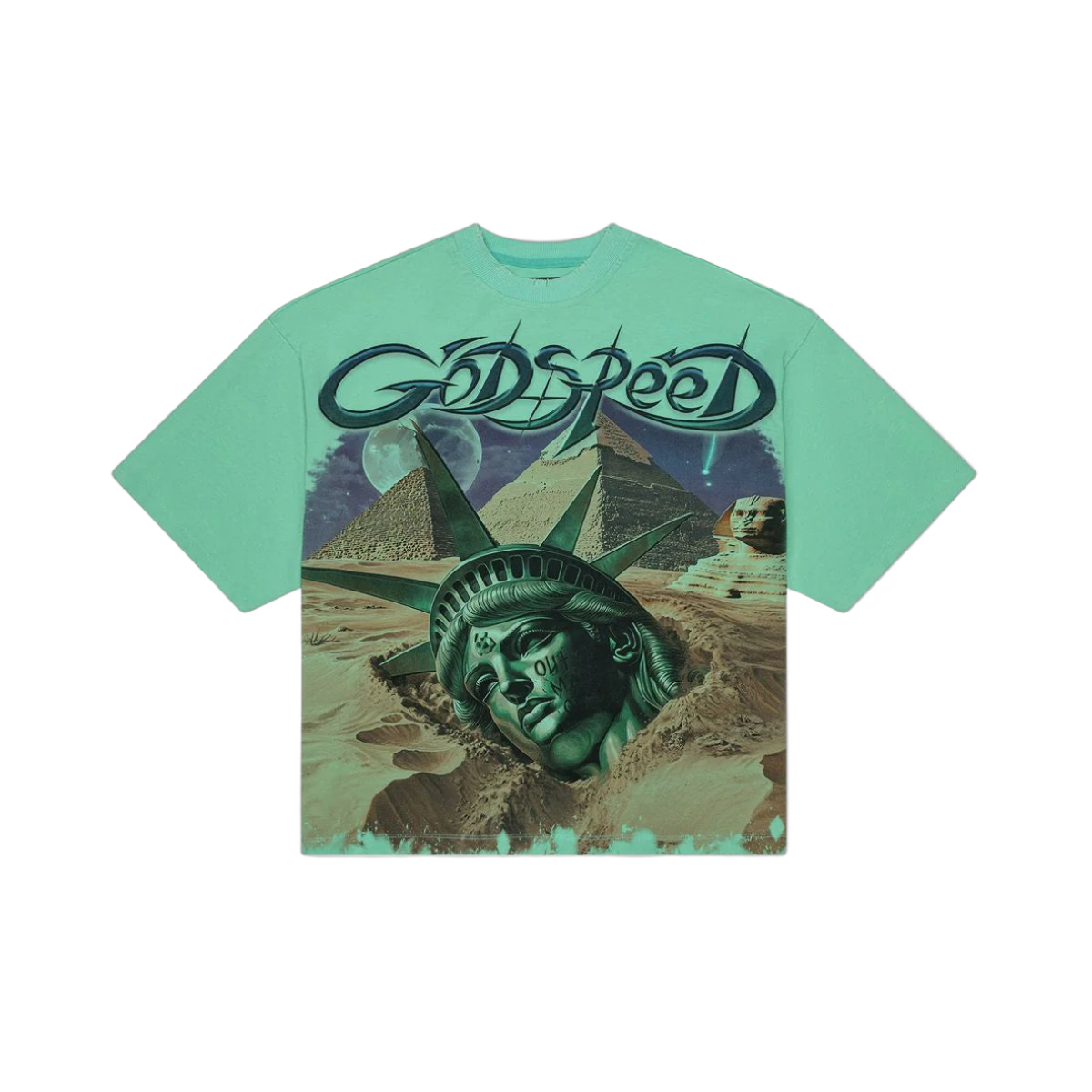 Godspeed Teal Mother Cairo tee. Graphic: Statue of Liberty head buried in desert, pyramids, sphinx, moon, and logo.
