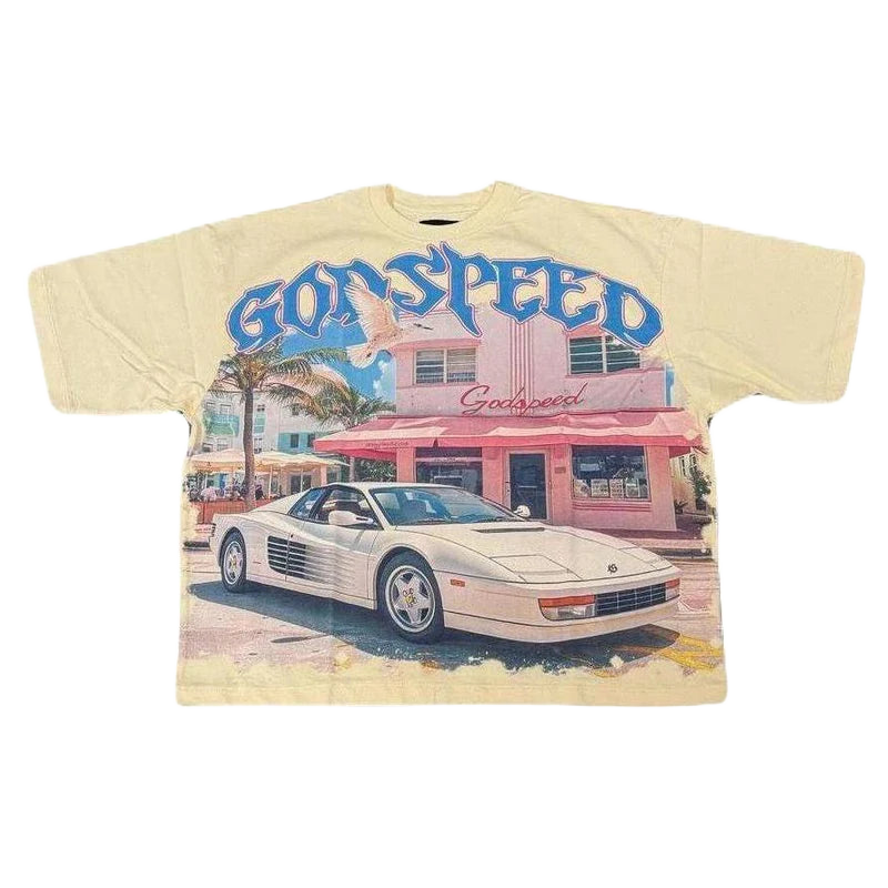 Godspeed Cream Tee with Miami Rari graphic: white Ferrari, pink building, palm trees, & "GODSPEED" in blue.